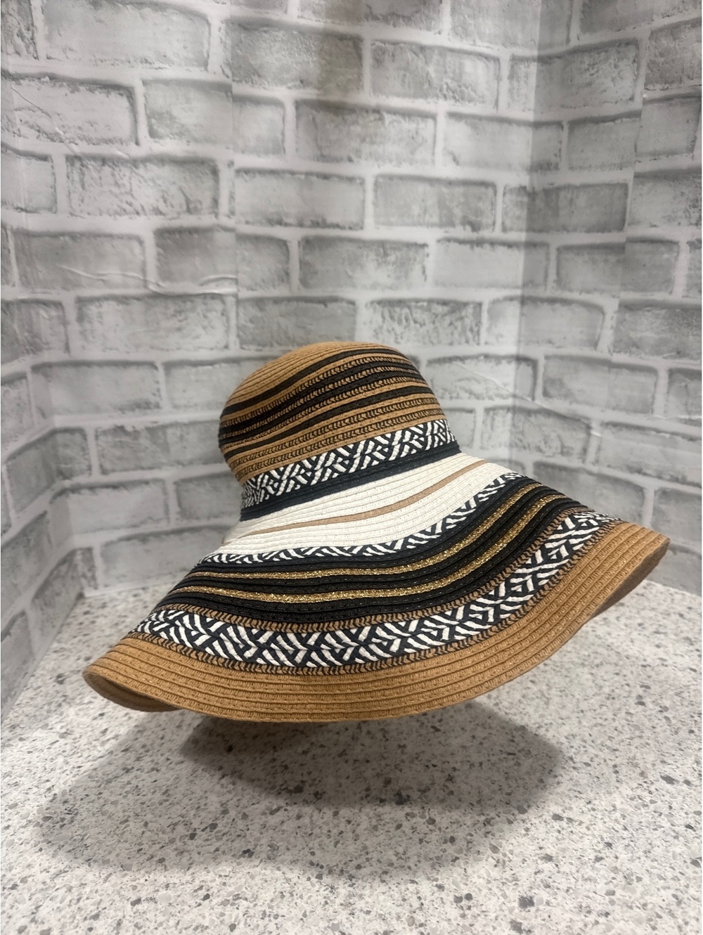 Tahari Wide Brim Straw Sun Hat with Patterned Stripes in Black, White and Gold